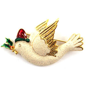 SFJ Christmas Dove Brooch Pin • Glittering White • Goldtone • Red Green Enamel